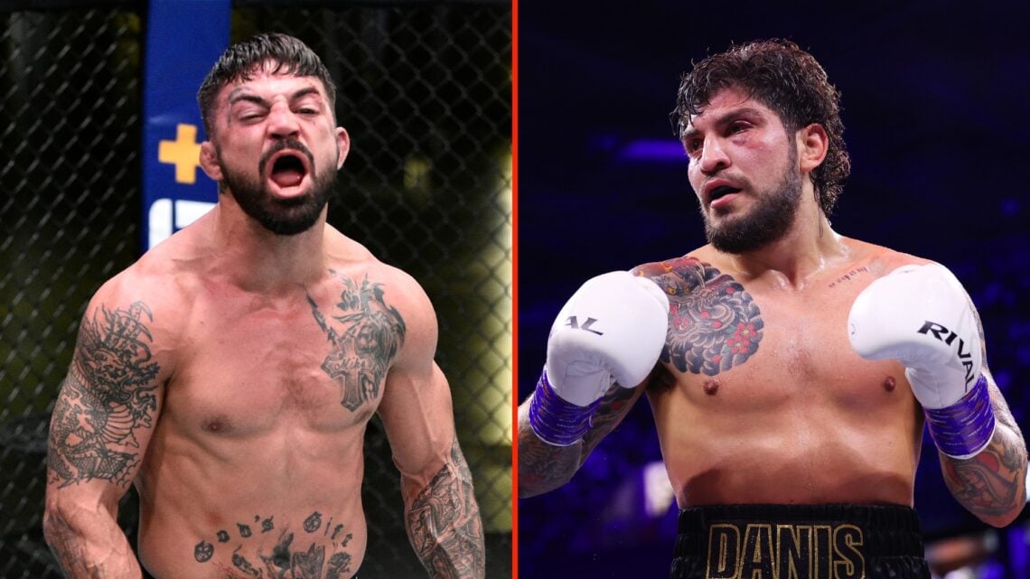 Split image of Mike Perry reacts after the conclusion of his welterweight fight against Mickey Gall during the UFC Fight Night event at UFC APEX on...