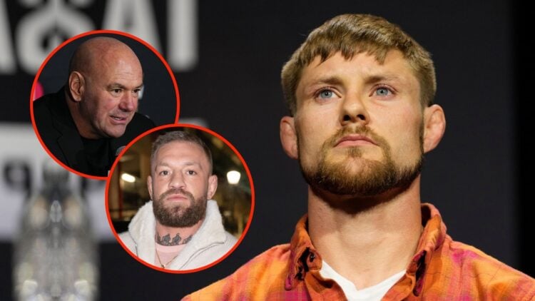 Bryce Mitchell sits on stage during the UFC 314 press conference at Kaseya Center. Inset, Conor McGregor and Dana White.
