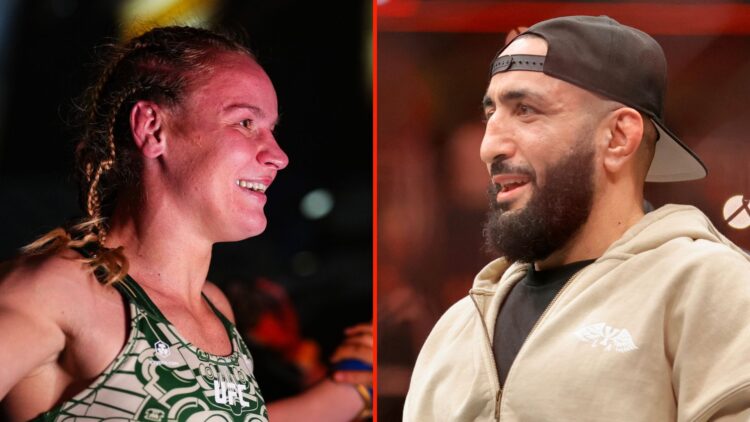 Valentina Shevchenko of Kyrgyzstan exits the Octagon during the UFC 306 at Riyadh Season Noche UFC event, and Belal Muhammad of the United States l...