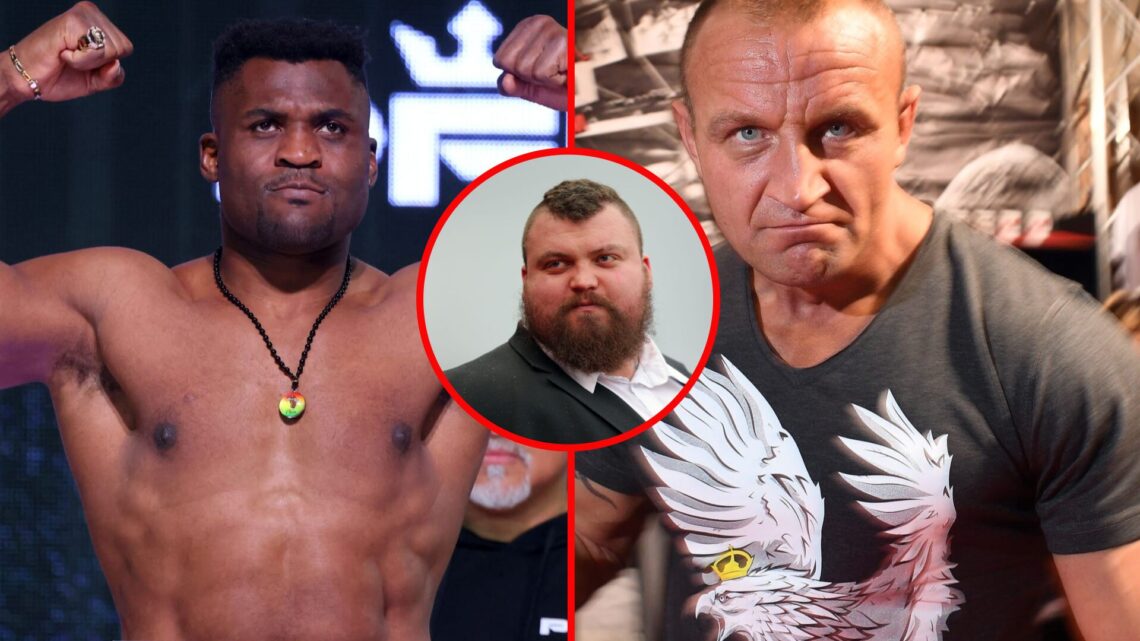 Francis Ngannou at a weigh-in, Eddie Hall at a soccer game and Mariusz Pudzianowski in a fight pose