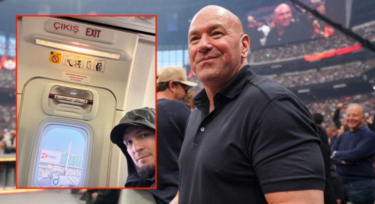 Dana White in attendance at Wrestlemania 41 with an inset of Khabib Nurmagomedov seated on an aeroplane