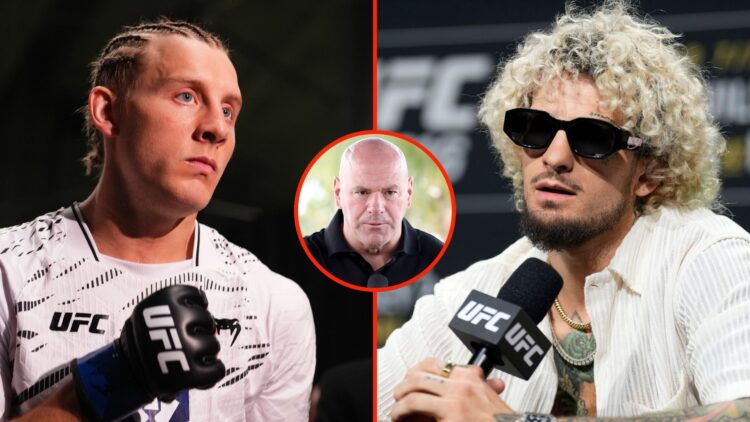 Sean O'Malley is seen on stage during the UFC 316 press conference, and Paddy Pimblett of England prepares to face Michael Chandler in a lightweigh...
