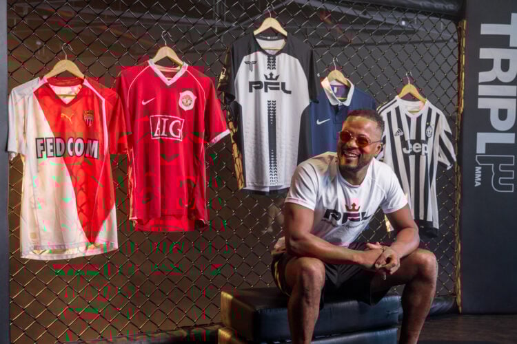 Patrice Evra wearing a PFL jersey poses alongside jerseys of the clubs he has represented
