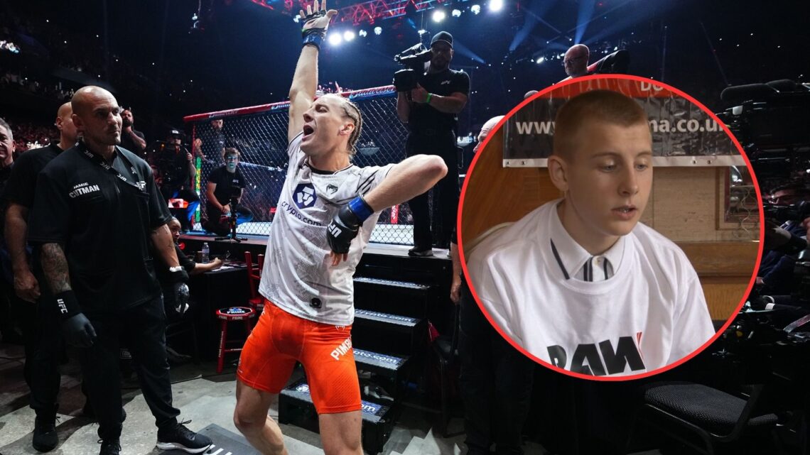 Image of Paddy Pimblett preparing to face King Green in a lightweight bout during the UFC 304 event with an inset of him at 16-years-old