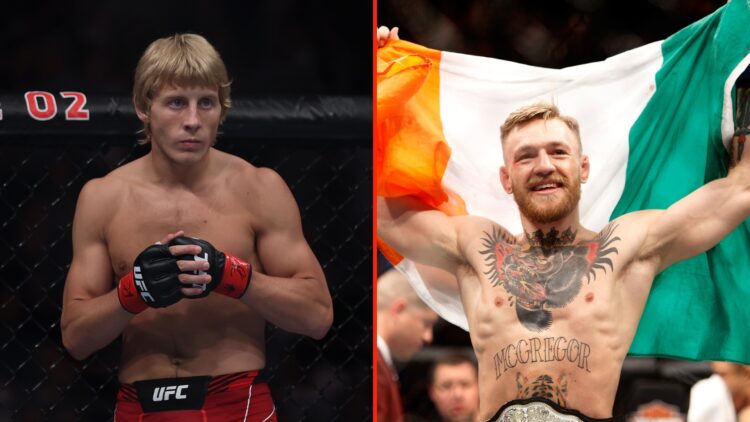 Split image of Paddy Pimblett of England before his fight with Jordan Leavitt of USA and Conor McGregor celebrates after a first-round knockout vic...