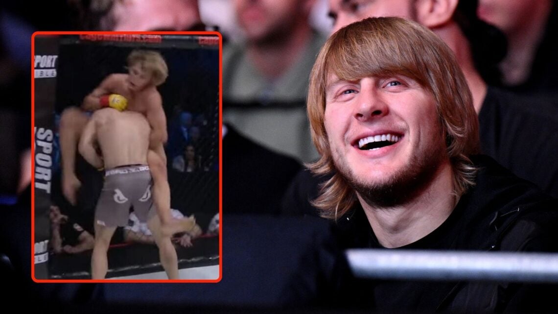UFC Fighter Paddy Pimblett reacts as he watches from the sidelines during the Lightweight fight between Jai Herbert and Chris Padilla. Inset, Pimbl...