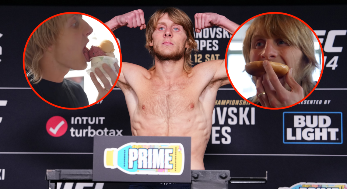 Paddy Pimblett on the scales at UFC 314 weigh-ins, with bubbles showing him eating ice cream and pancakes either side
