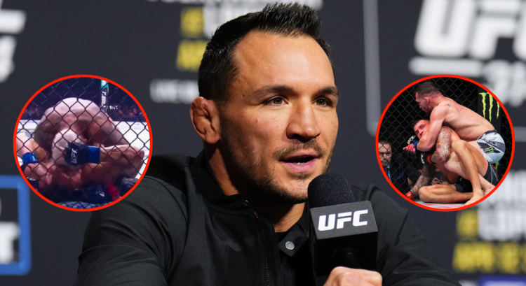 Michael Chandler speaks at the UFC 314 on sale press conference, inset Chandler grappling with Dustin Poirier, and grabbing the fence against Charl...