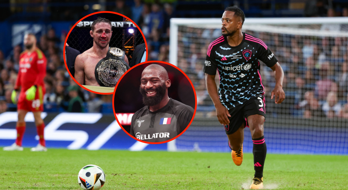 Main image shows Patrice Evra playing soccer in a 2024. charity game. Top bubble shows Brendan Loughnane with his PFL belt in 2022, bottom bubble s...