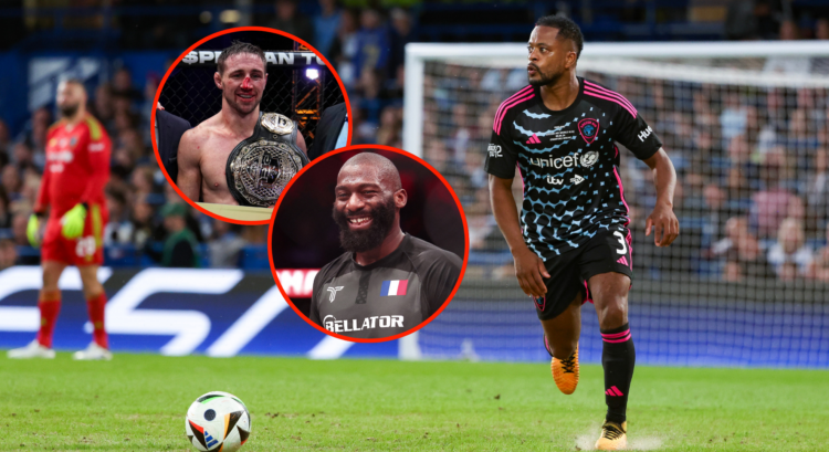 Main image shows Patrice Evra playing soccer in a 2024. charity game. Top bubble shows Brendan Loughnane with his PFL belt in 2022, bottom bubble s...