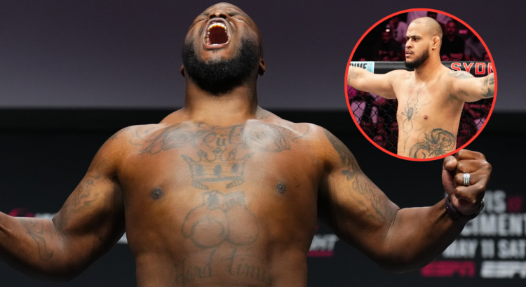 Derrick Lewis appears at the UFC St. Louis ceremonial weigh-in, inset Tallison Teixeira after a win at UFC 312.
