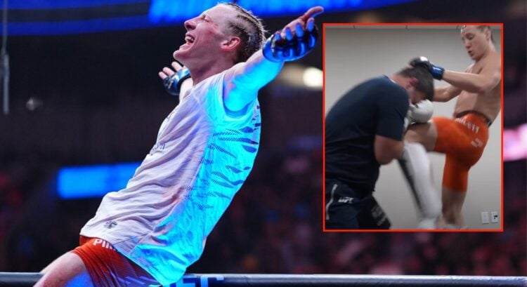 Image of Paddy Pimblett celebrating at UFC 314 with an inset from hs pre-fight warmup
