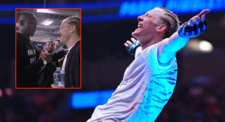 Image of Paddy Pimblett celebrating his UFC 314 with an inset of him meeting Israel Adesanya backstage