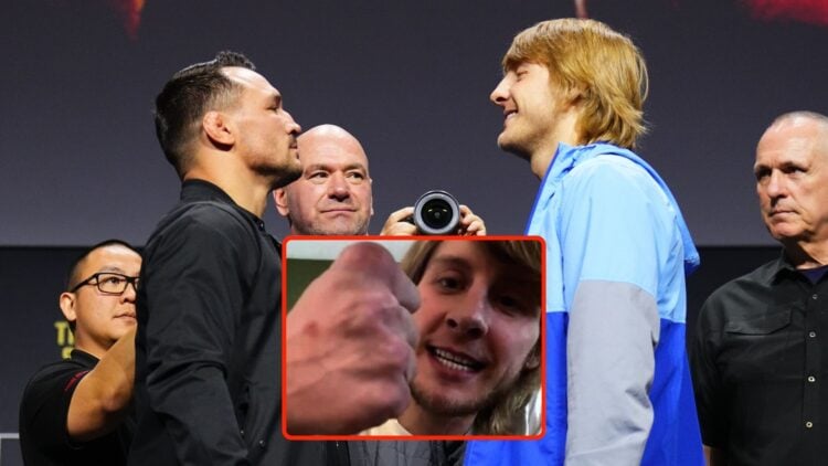 Opponents Michael Chandler and Paddy Pimblett during the UFC 314 press conference. Inset, an image of Pimblett holding his knuckles up to a camera