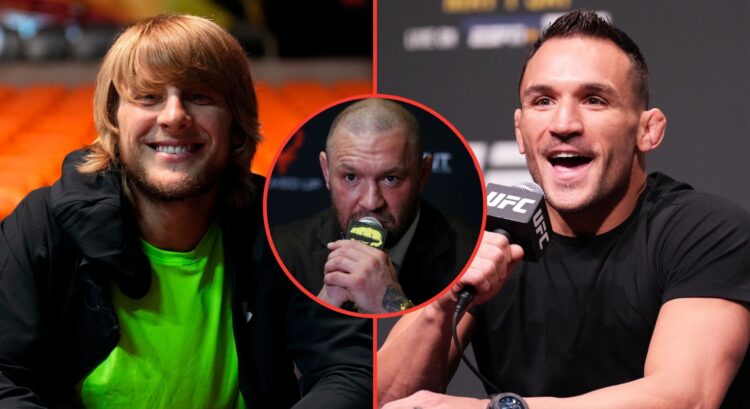 Split image of Paddy Pimblett and Michael Chandler. Inset, Conor McGregor