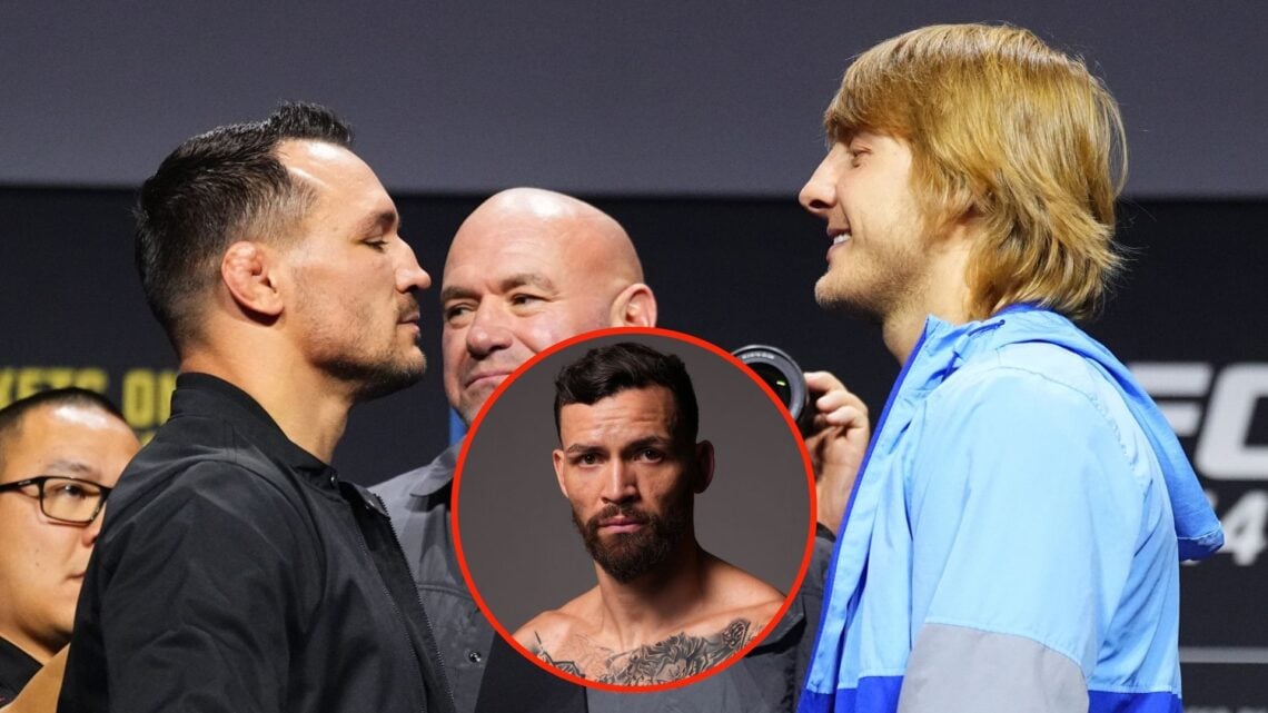Opponents Michael Chandler and Paddy Pimblett during the UFC 314 press conference. Inset, Mauricio Ruffy.