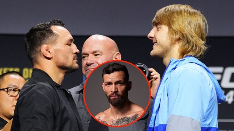 Opponents Michael Chandler and Paddy Pimblett during the UFC 314 press conference. Inset, Mauricio Ruffy.