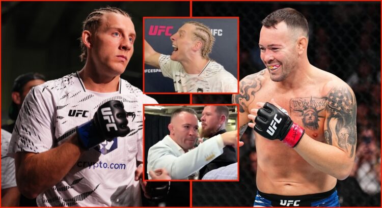 Split image of Paddy Pimblett and Colby Covington with two insets of their backstage clash at UFC 314