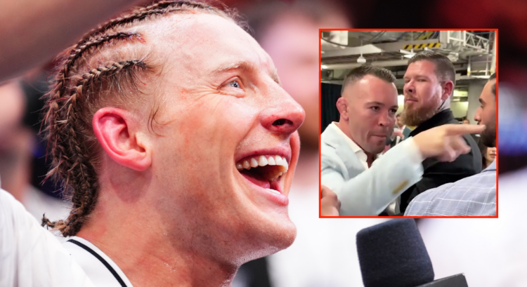 Paddy Pimblett of England reacts after a TKO victory against Michael Chandler in a lightweight bout during the UFC 314 with an inset of Colby Covin...