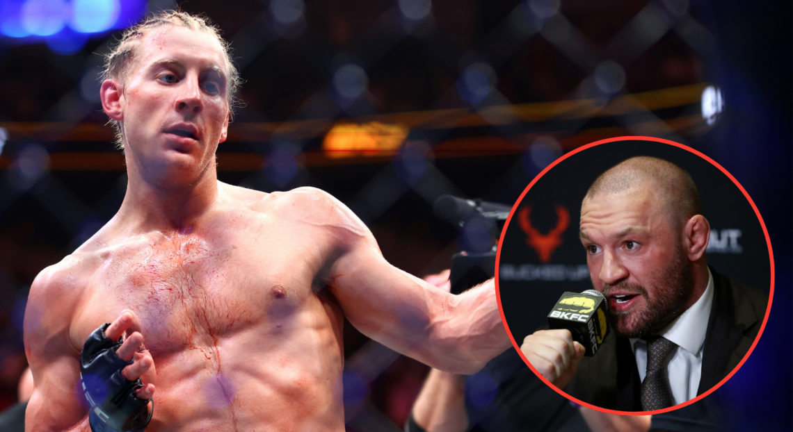 Paddy Pimblett of England reacts after defeating Michael Chandler of the United States by TKO in a lightweight fight during UFC 314 with an inset o...