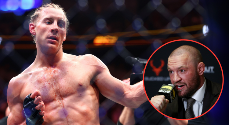 Paddy Pimblett of England reacts after defeating Michael Chandler of the United States by TKO in a lightweight fight during UFC 314 with an inset o...