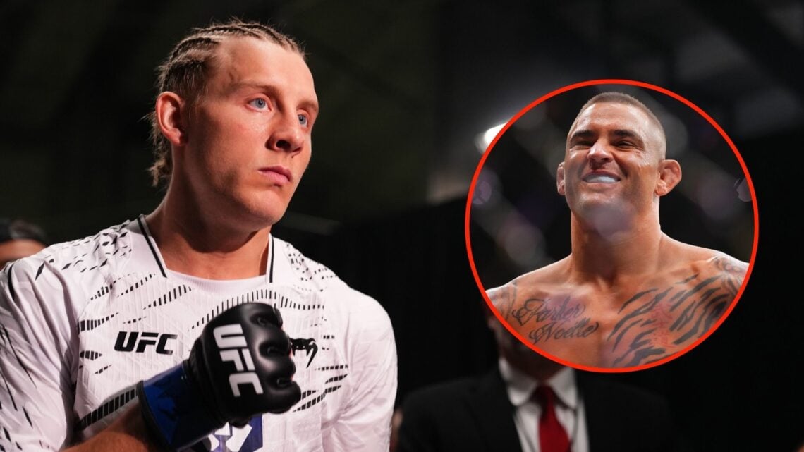 Paddy Pimblett of England prepares to face Michael Chandler in a lightweight bout. Inset, Dustin Poirier.