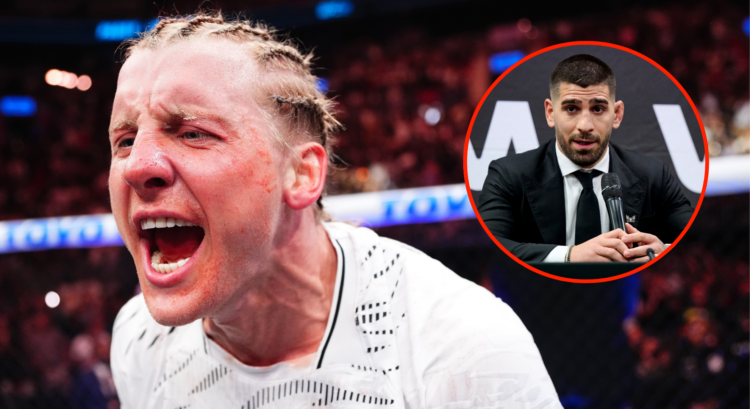 Paddy Pimblett of England reacts after a TKO victory against Michael Chandler in a lightweight bout during the UFC 314 with an inset of UFC fighter...