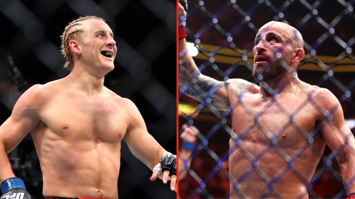 Paddy Pimblett of England reacts after defeating Michael Chandler of the United States, and Alexander Volkanovski of Australia reacts after fightin...