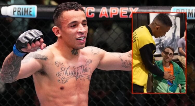 Image of Carlos Prates reacting after knocking out Neil Magny with an inset of Carlos Prates greeting a fan.