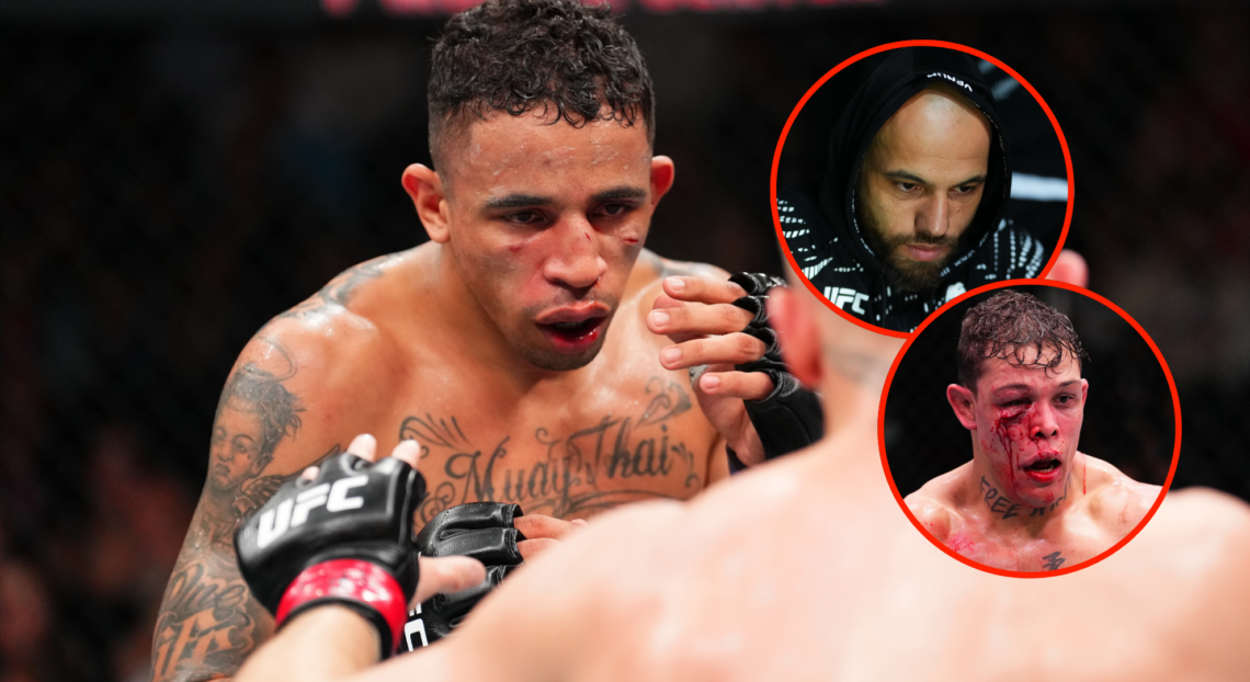Carlos Prates during his UFC Kansas City fight against Ian Machado Garry with insets of Jean Silva and Caio Borralho