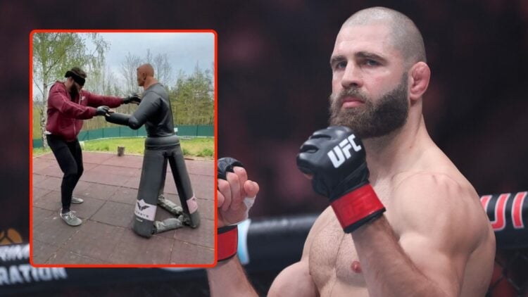 Jiří Procházka of Czechia looks on prior to his light heavyweight fight during UFC 311 at Intuit Dome. Inset, a screenshot from a video of Prochazk...