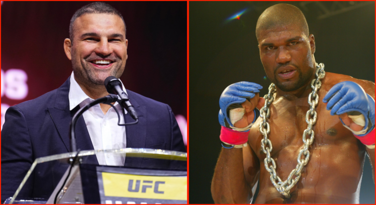 Shogun Rua speaks at a UFC Hall of Fame ceremony, opposite Rampage Jackson posing at a 2003 PRIDE event