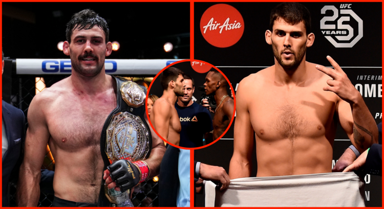 Composite image showing Rob Wilkinson after winning the PFL title (right) and during UFC 221 weigh-ins (left). Bubble shows him facing off with Isr...
