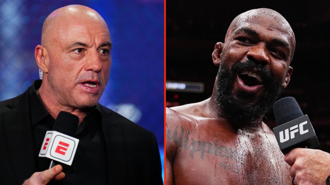 Split image as Joe Rogan announces a fight during the UFC 313 event at T-Mobile Arena, and Jon Jones of the United States of America talks to Joe R...