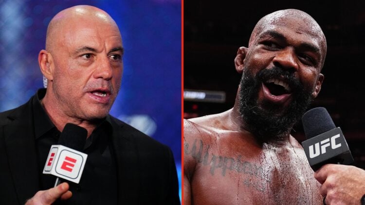 Split image as Joe Rogan announces a fight during the UFC 313 event at T-Mobile Arena, and Jon Jones of the United States of America talks to Joe R...