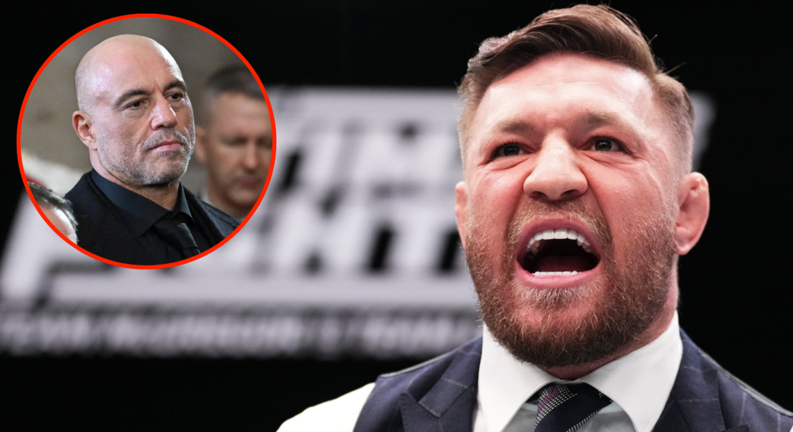 Conor McGregor yells during the filming of The Ultimate Fighter at UFC APEX with an inset of Joe Rogan stands for a benediction after President Don...