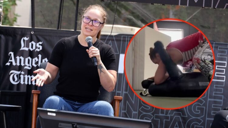 Image of Ronda Rousey attending the 2024 Los Angeles Times with an inset of her training
