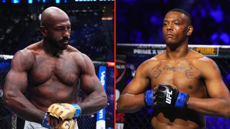 Split image of Khalil Rountree Jr preparing for a fight, and Jamahal Hill also preparing for a fight.