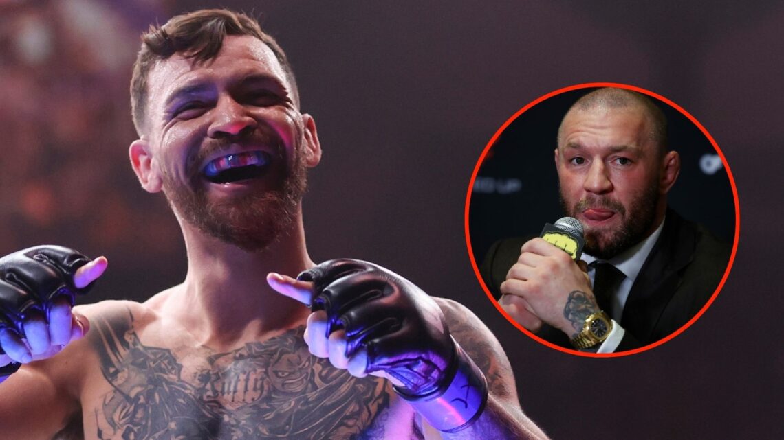 Mauricio Ruffy of Brazil celebrates after his win via knockout in a lightweight fight. Inset, Conor McGregor interacts with media after BKFC 70 Hol...