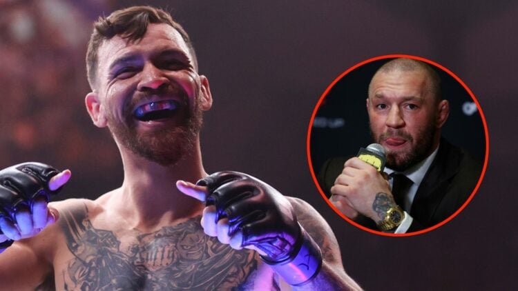 Mauricio Ruffy of Brazil celebrates after his win via knockout in a lightweight fight. Inset, Conor McGregor interacts with media after BKFC 70 Hol...