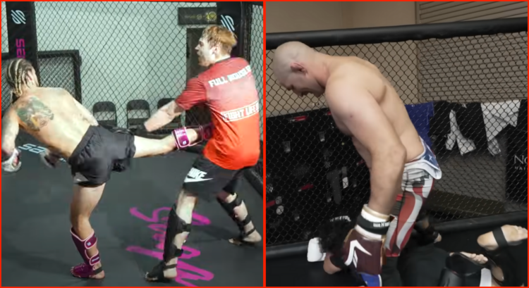 Composite image showing Sean O'Malley sparring with a poker player (left) and Sean Strickland dropping Nick Nayersina (right)