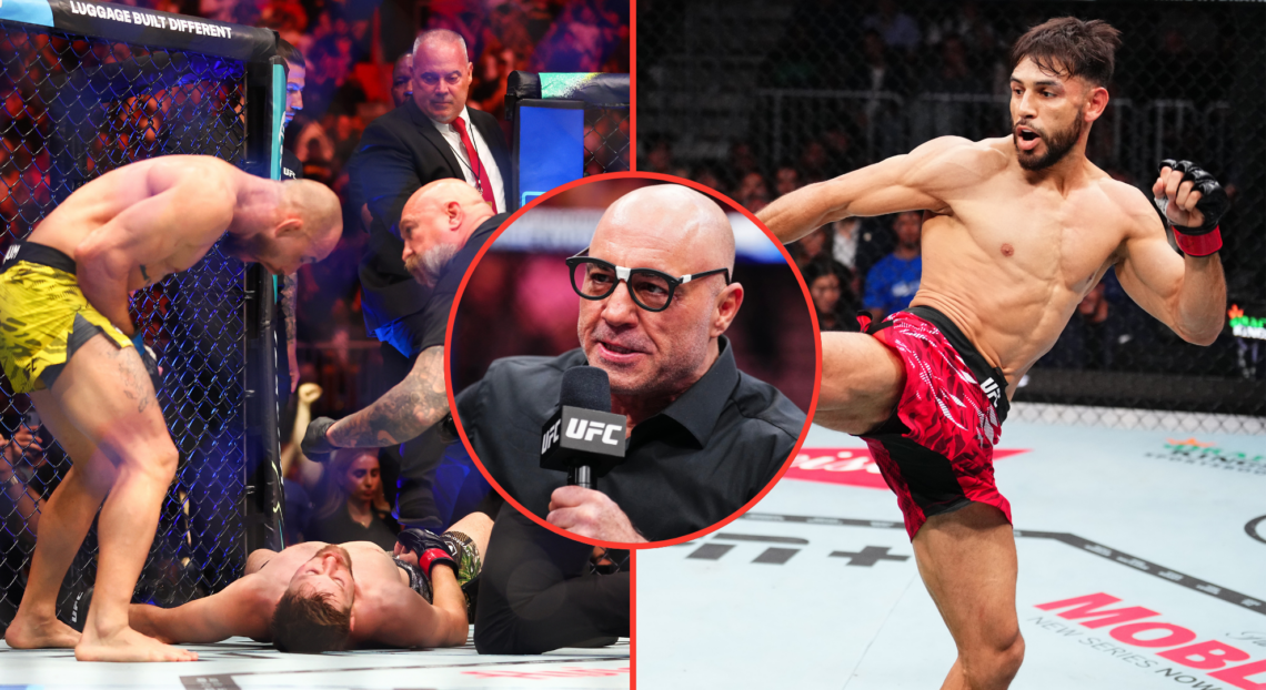 Jean Silva of Brazil (L) reacts after defeating Bryce Mitchell of the United States in a featherweight fight during UFC 314, Yair Rodriguez of Mexi...