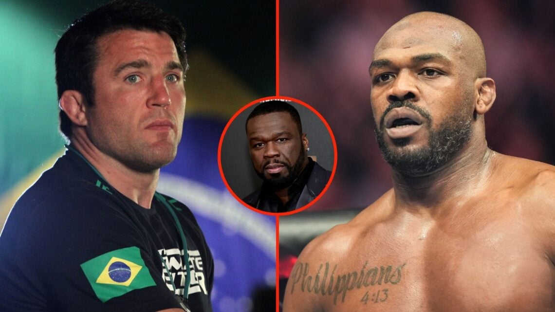 Split image of Chael Sonnen and Jon Jones. Inset, 50 Cent.