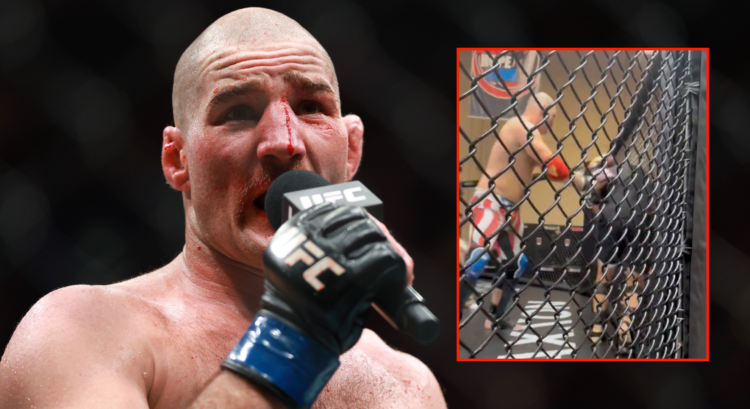 Sean Stricland of the United States speaks to the fans after his fight with Dircus De Plessis of South Africa during UFC 312 with an inset of Sean ...