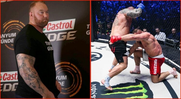 Split image of Thor Bjornsson at a promotional event and Eddie Hall punching Mariusz Pudzianowski at KSW 105