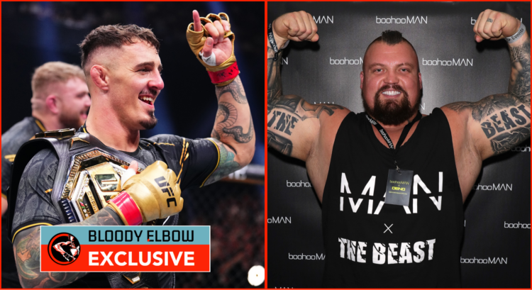 Tom Aspinall with his UFC title belt (right) and Eddie Hall flexing (left). Overlay text reads: BLOODY ELBOW EXCLUSIVE
