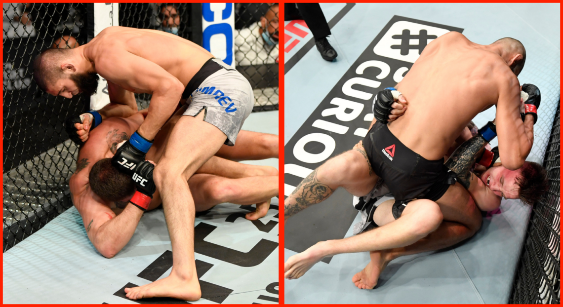 Khamzat Chimaev punches John Phillips in his UFC debut, opposite Khamzat Chimaev elbowing opponent Rhys McKee