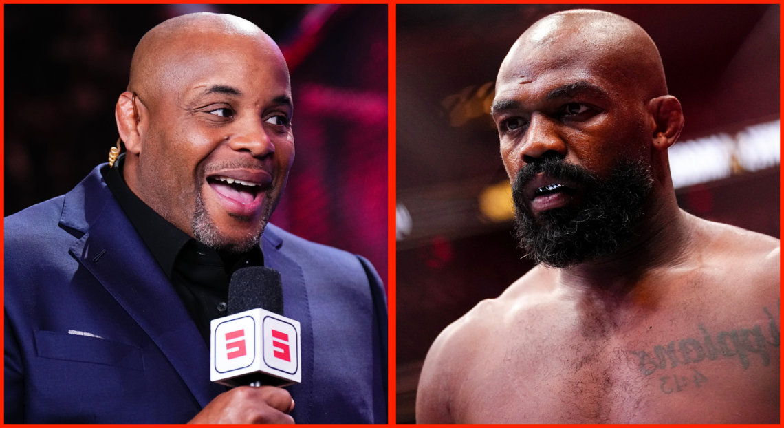 Split image of Daniel Cormier commentating for ESPN, opposite Jon Jones entering the cage at UFC 309