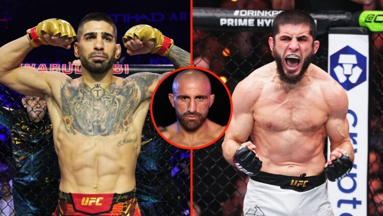Split image of Ilia Topuria preparing to face Max Holloway, and Islam Makhachev reacting after a submission victory. Inset, Alexander Volanovski.