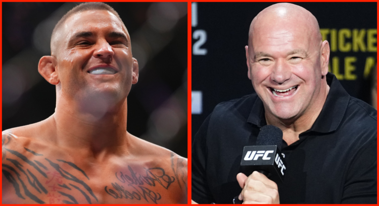 Dustin Poirier enters the Octagon for his fight at UFC 302, opposite Dana White at the UFC 314 press conference